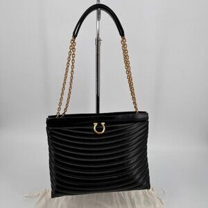 Ferragamo Gancini Black Quilted Leather Shoulder Bag Gold Chain Strap Damaged